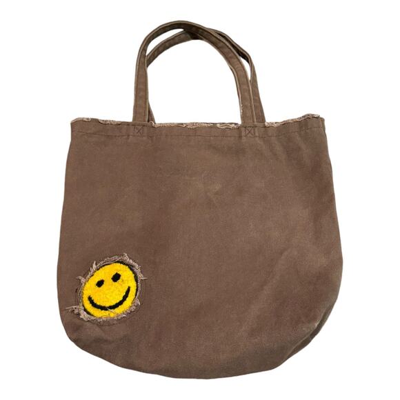 Urban Outfitters Smile Patch Distressed Canvas Brown Tote Bag - Picture 3 of 12